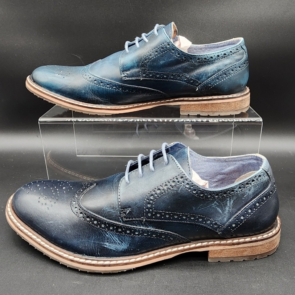 Ben Sherman 12 Blue Distressed Wingtip Oxford Dress Shoes Leather Brogue Dapper
